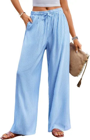MEROKEETY Women's Striped Floral Wide Leg Pants Drawstring Elastic High Waist Casual Pants with Pockets