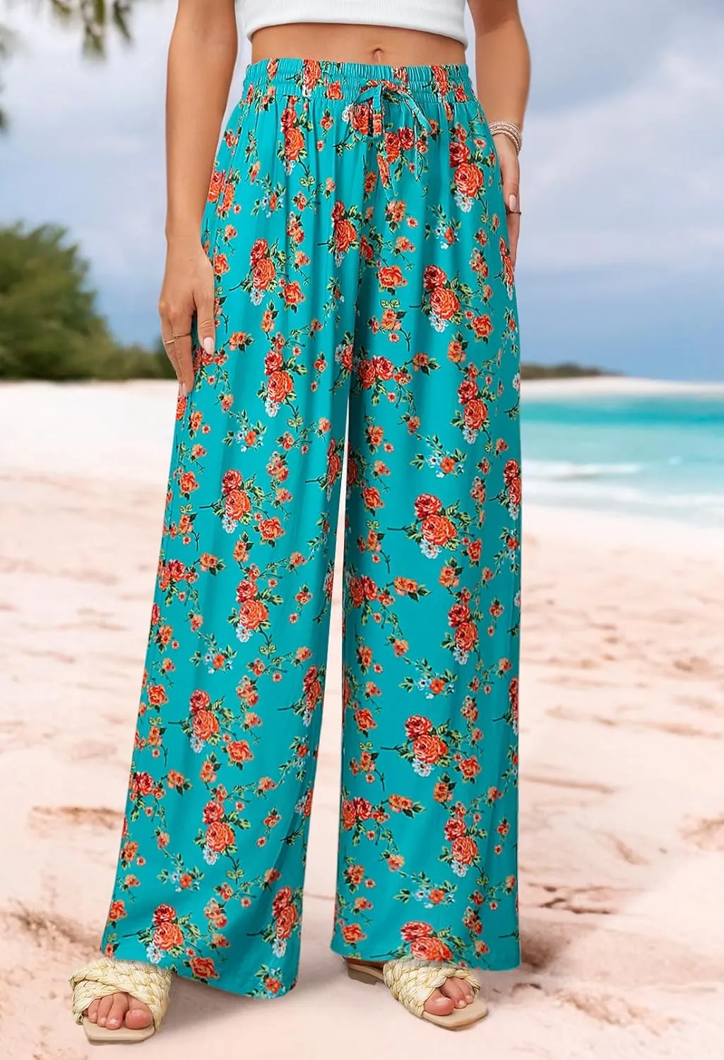 MEROKEETY Women's Striped Floral Wide Leg Pants Drawstring Elastic High Waist Casual Pants with Pockets