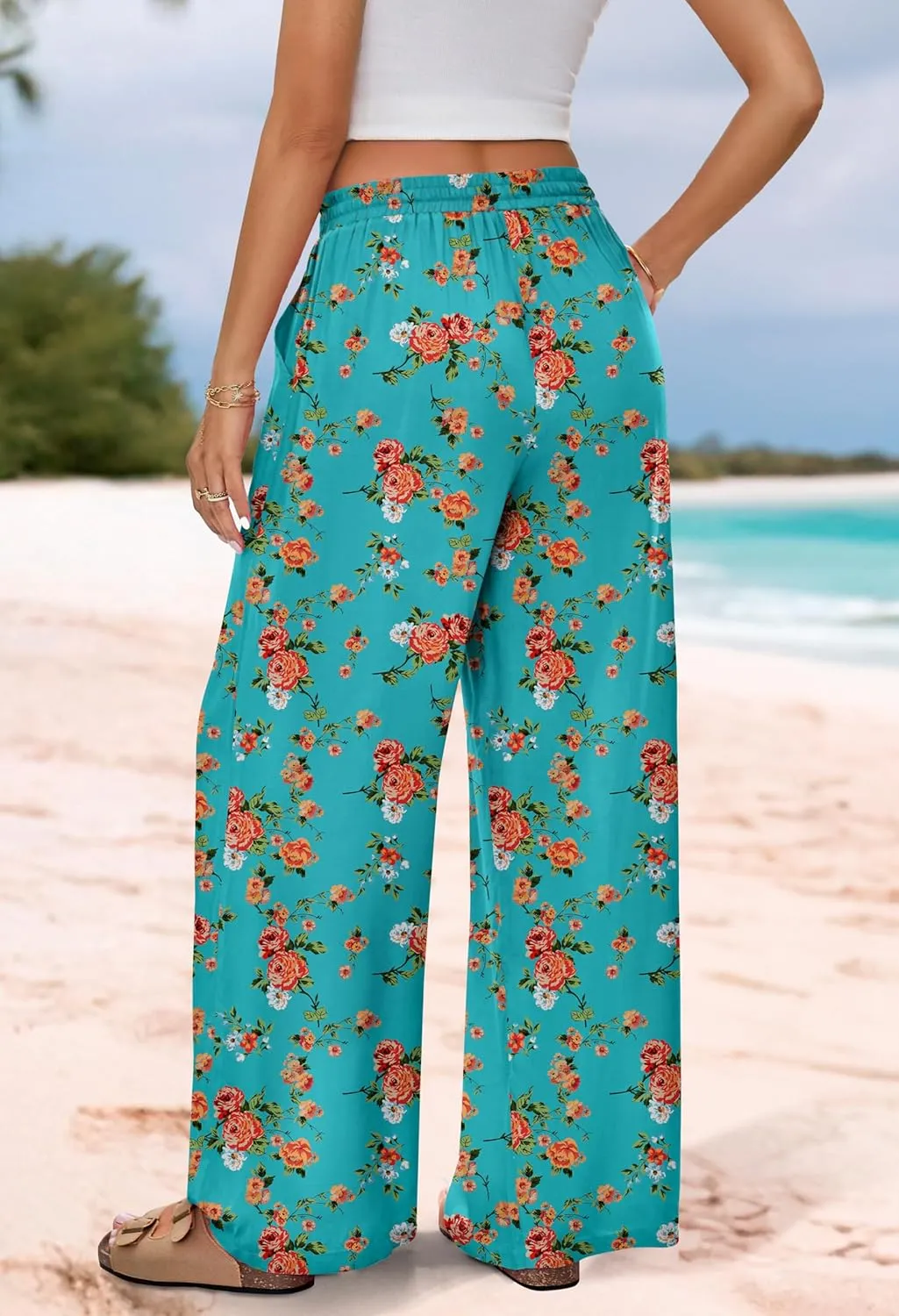 MEROKEETY Women's Striped Floral Wide Leg Pants Drawstring Elastic High Waist Casual Pants with Pockets