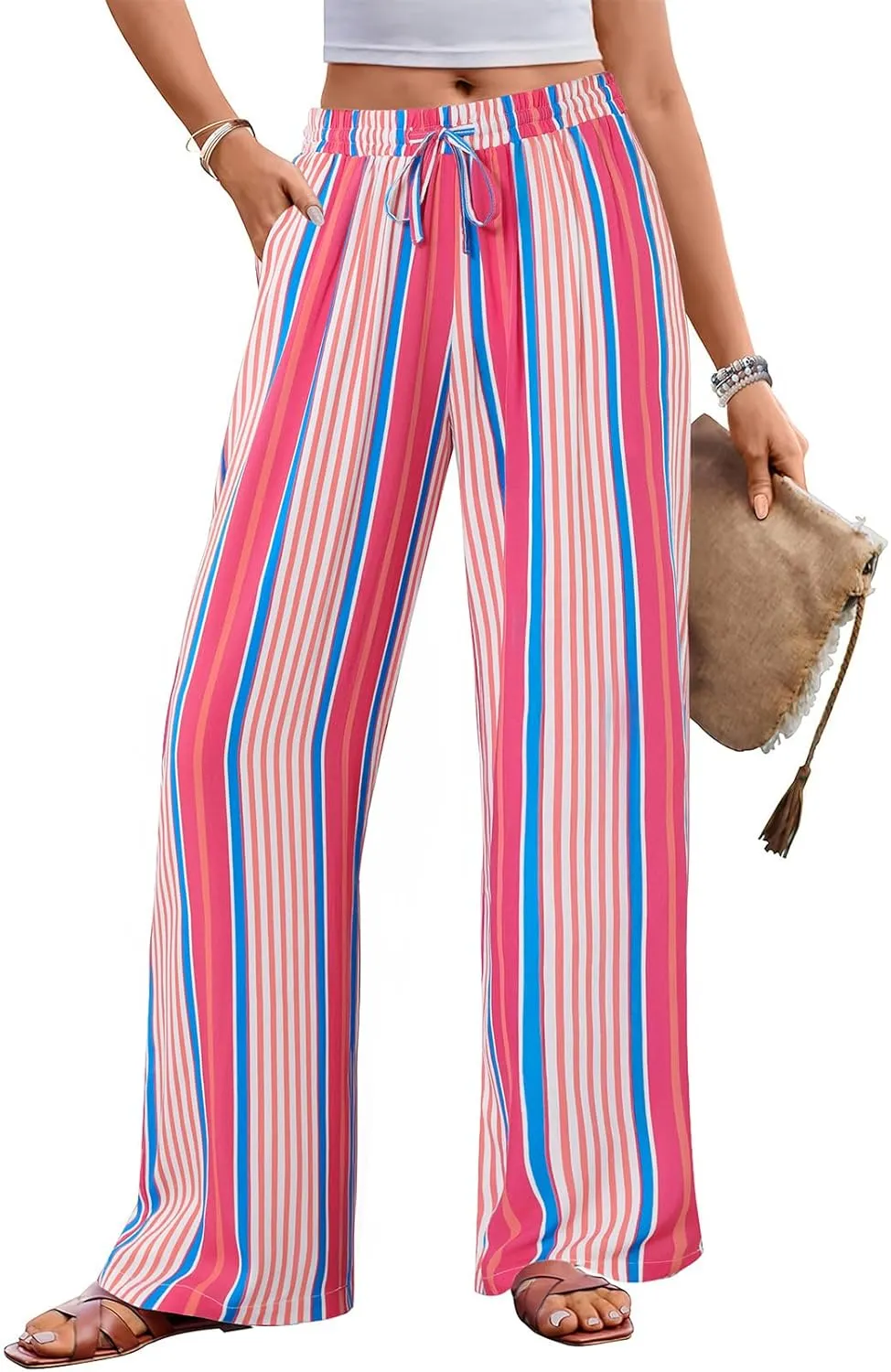 MEROKEETY Women's Striped Floral Wide Leg Pants Drawstring Elastic High Waist Casual Pants with Pockets
