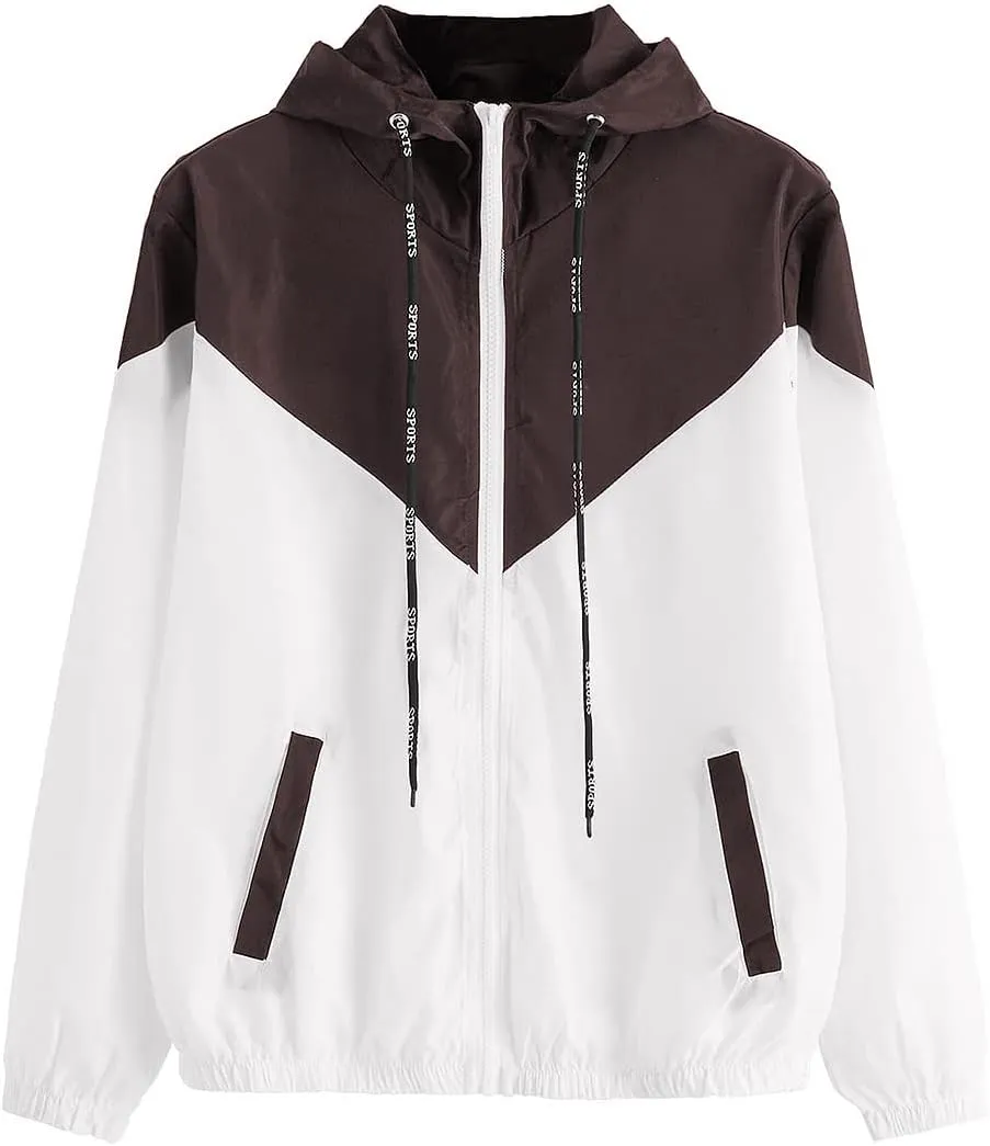 Milumia Women Color Block Drawstring Hooded Zip Up Sports Jacket Windproof Windbreaker with Pocket