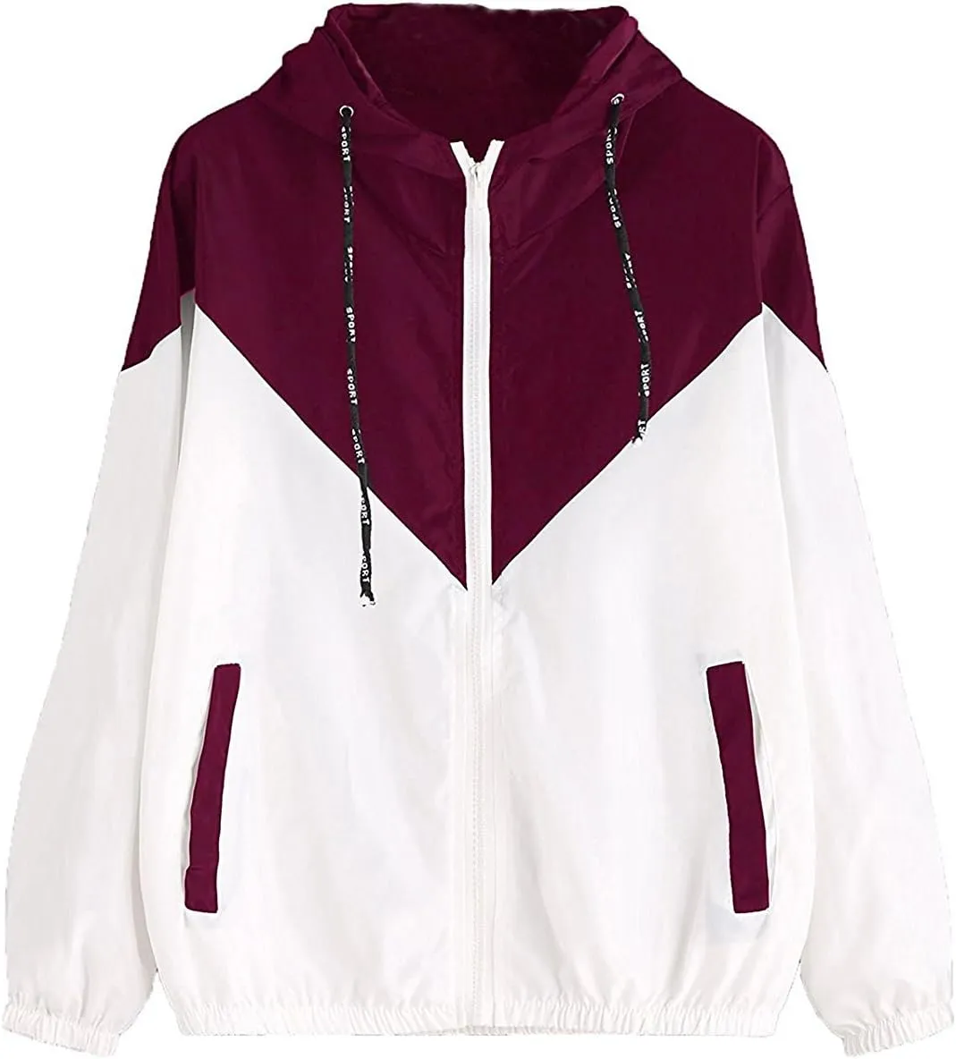Milumia Women Color Block Drawstring Hooded Zip Up Sports Jacket Windproof Windbreaker with Pocket