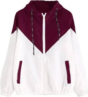 Milumia Women Color Block Drawstring Hooded Zip Up Sports Jacket Windproof Windbreaker with Pocket