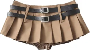 Mini Pleated Skirts for Women, Y2K High Waist Stretchy Tennis Skater A-Line Short Skirt with Shorts Underneath. Khaki
