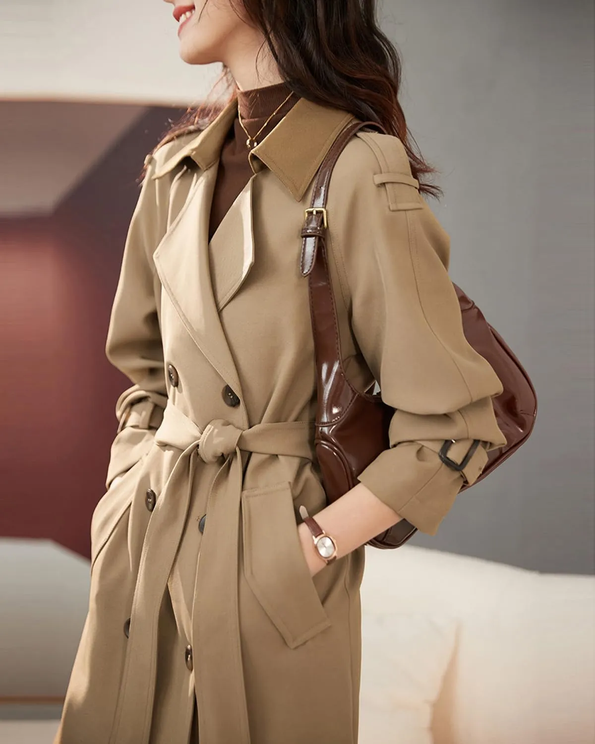 MOHO&MO Women Slim Breasted Trench Coat Double Long Sleeve Classic Windproof Trendy Overcoat with Belt Pocket