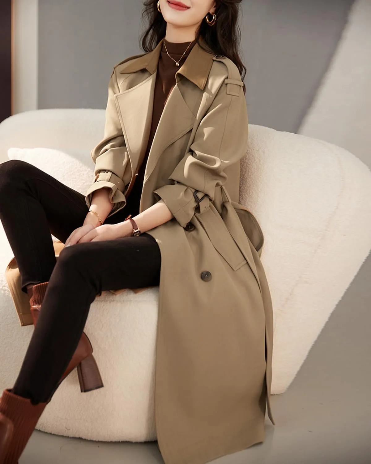 MOHO&MO Women Slim Breasted Trench Coat Double Long Sleeve Classic Windproof Trendy Overcoat with Belt Pocket
