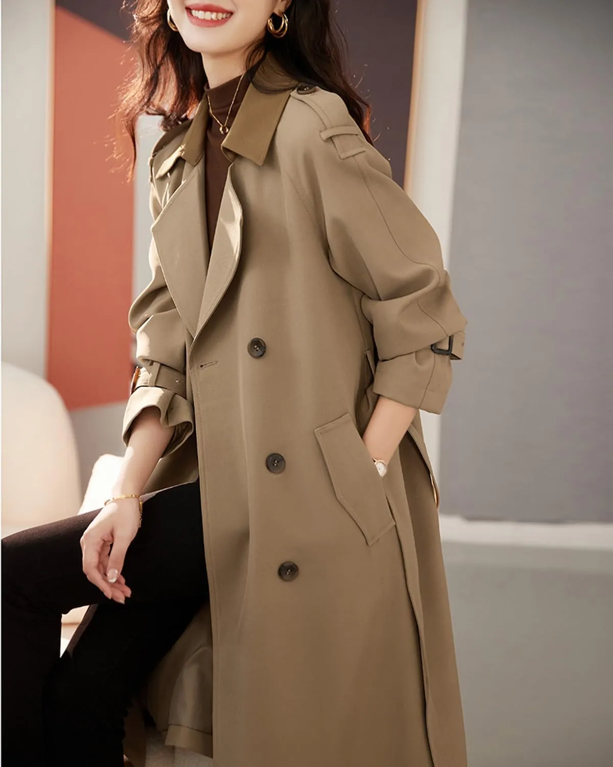 MOHO&MO Women Slim Breasted Trench Coat Double Long Sleeve Classic Windproof Trendy Overcoat with Belt Pocket