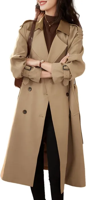 MOHO&MO Women Slim Breasted Trench Coat Double Long Sleeve Classic Windproof Trendy Overcoat with Belt Pocket
