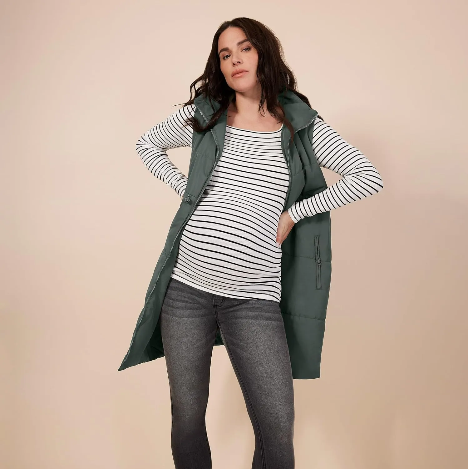 Motherhood Maternity Women's Sleeveless Long Pregnancy Puffer Vest with Pockets