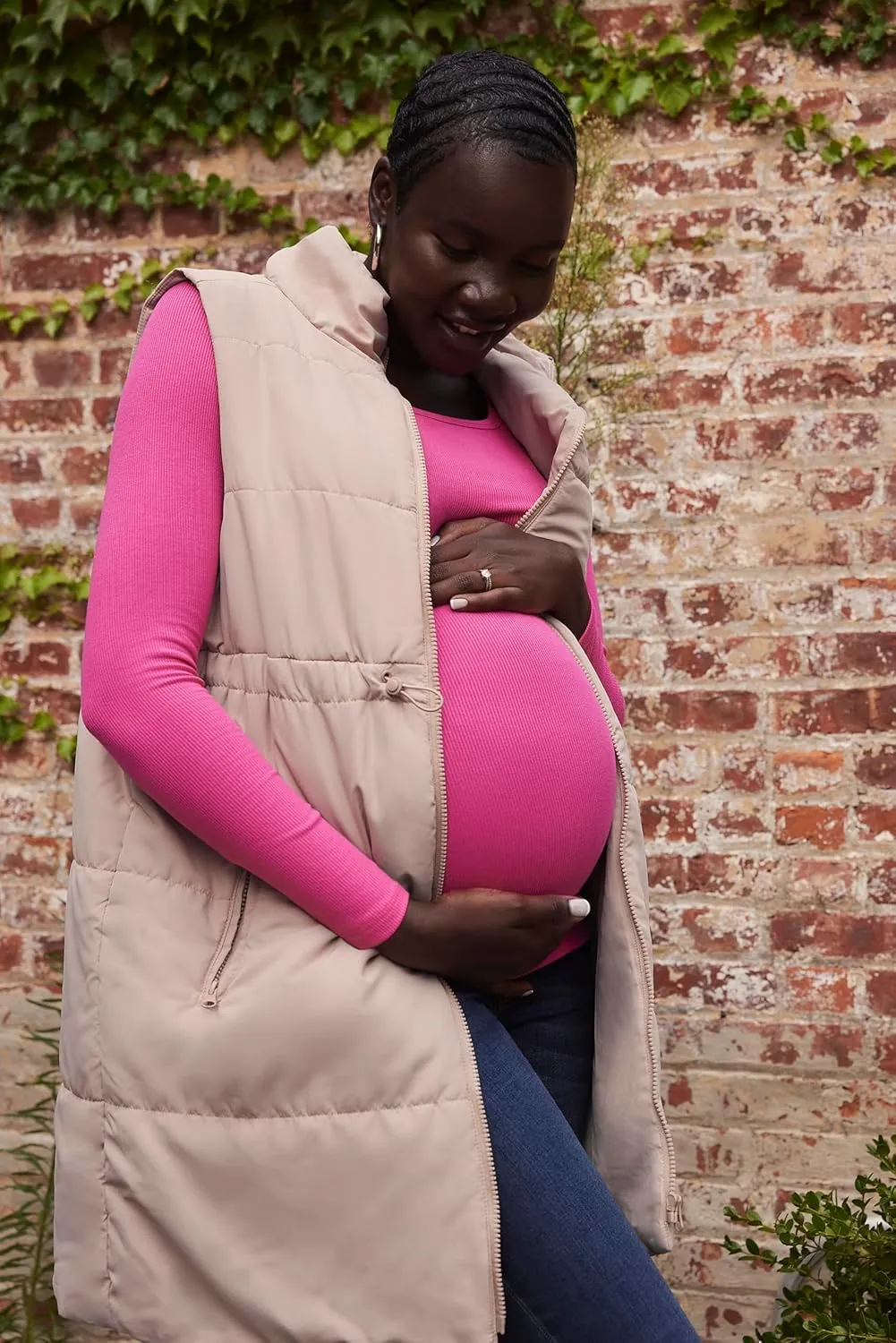 Motherhood Maternity Women's Sleeveless Long Pregnancy Puffer Vest with Pockets