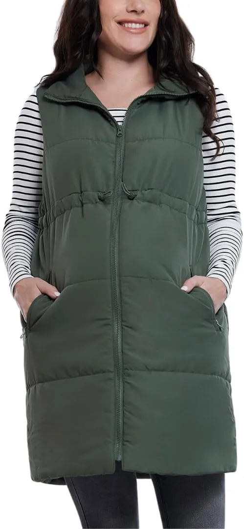 Motherhood Maternity Women's Sleeveless Long Pregnancy Puffer Vest with Pockets