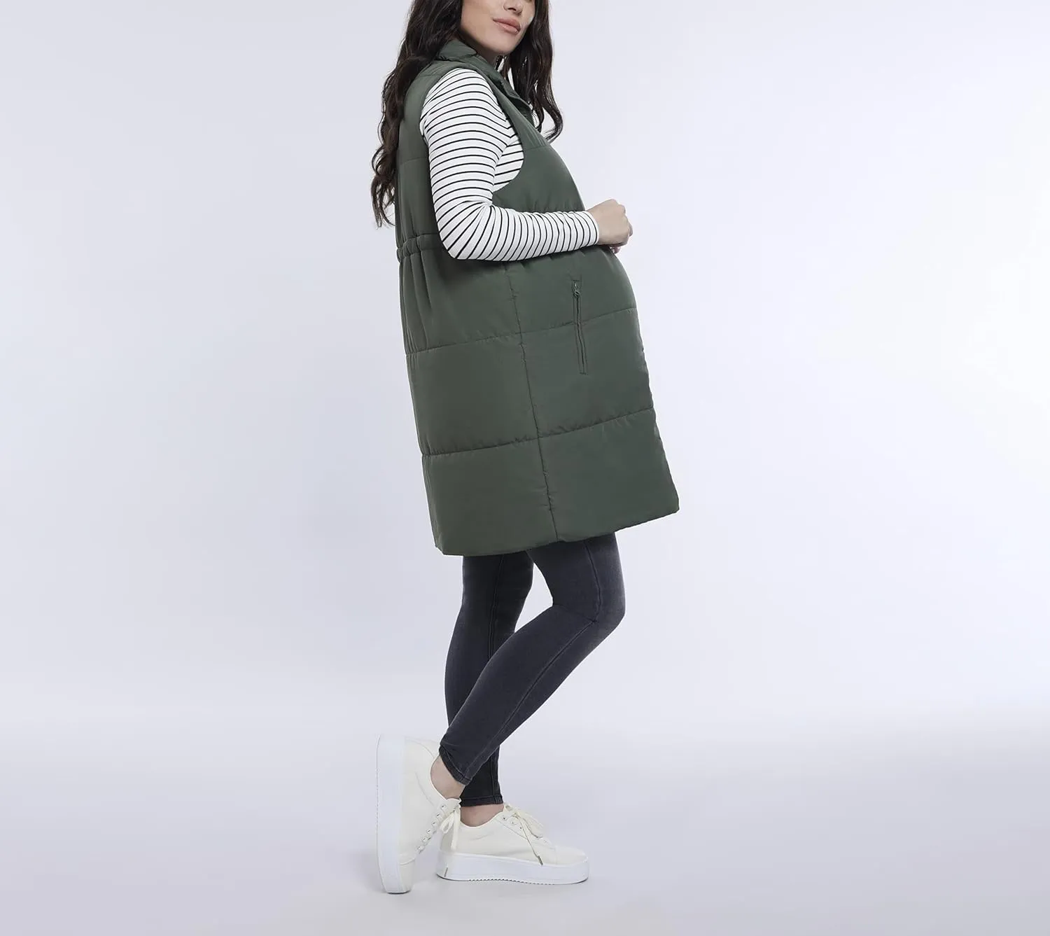 Motherhood Maternity Women's Sleeveless Long Pregnancy Puffer Vest with Pockets