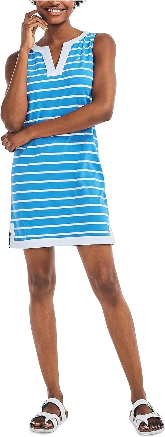 Nautica Women's Breton Stripes Sleeveless V-Neck Stretch Cotton Polo Dress