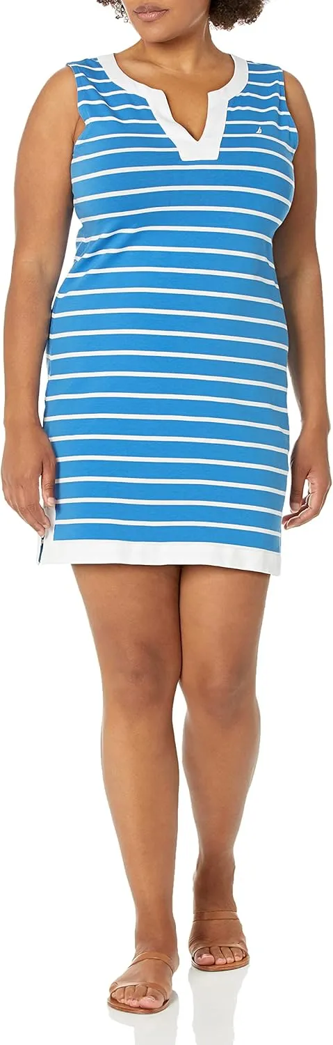 Nautica Women's Breton Stripes Sleeveless V-Neck Stretch Cotton Polo Dress
