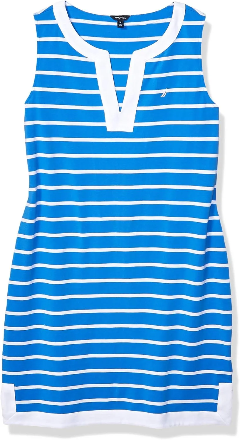 Nautica Women's Breton Stripes Sleeveless V-Neck Stretch Cotton Polo Dress
