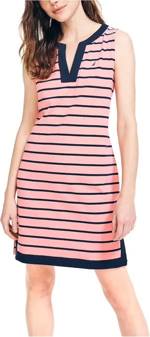 Nautica Women's Breton Stripes Sleeveless V-Neck Stretch Cotton Polo Dress