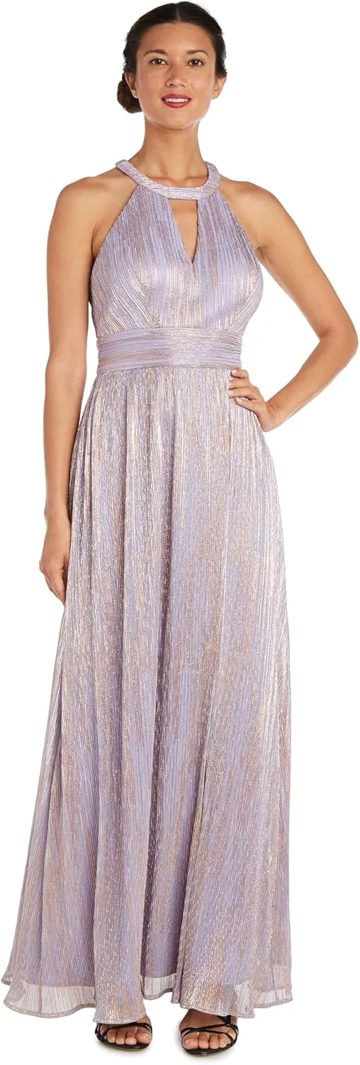 NIGHTWAY Long Shimmer Gown with Cut Outs and Open Back