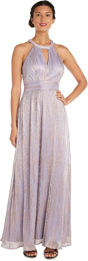 NIGHTWAY Long Shimmer Gown with Cut Outs and Open Back