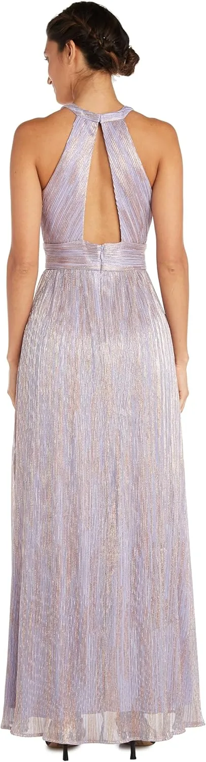 NIGHTWAY Long Shimmer Gown with Cut Outs and Open Back