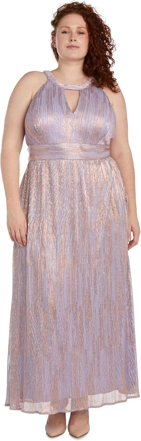 NIGHTWAY Long Shimmer Gown with Cut Outs and Open Back