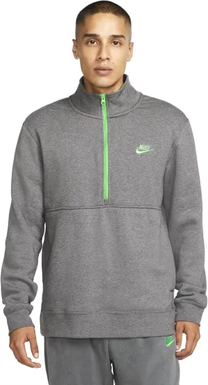 Nike Men Sportswear Club Brushed-Back 1/2-Zip Pullover (Large, Charcoal Heather/Light Green Spark)