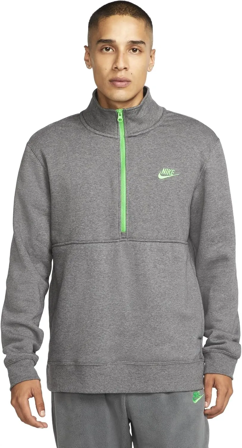Nike Men Sportswear Club Brushed-Back 1/2-Zip Pullover (Large, Charcoal Heather/Light Green Spark)