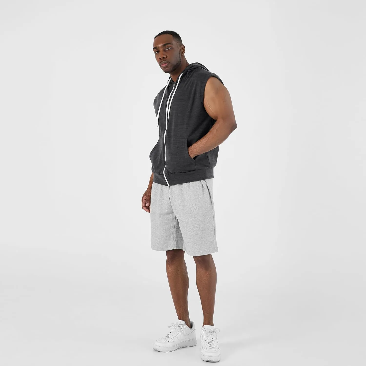 Ohoo Mens Slim Fit Sleeveless Lightweight Zip Up Hooded Sweatshirt Vest Hoodie