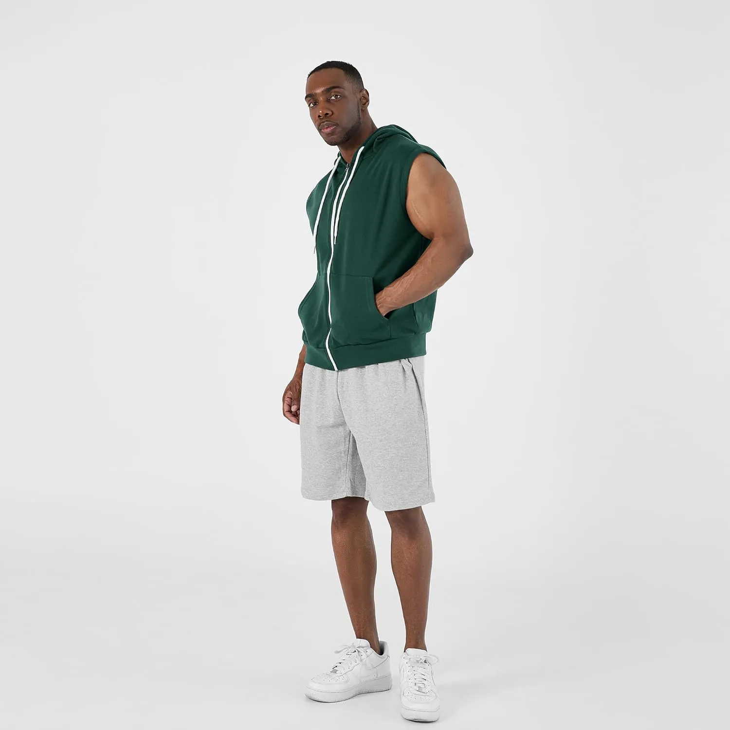 Ohoo Mens Slim Fit Sleeveless Lightweight Zip Up Hooded Sweatshirt Vest Hoodie