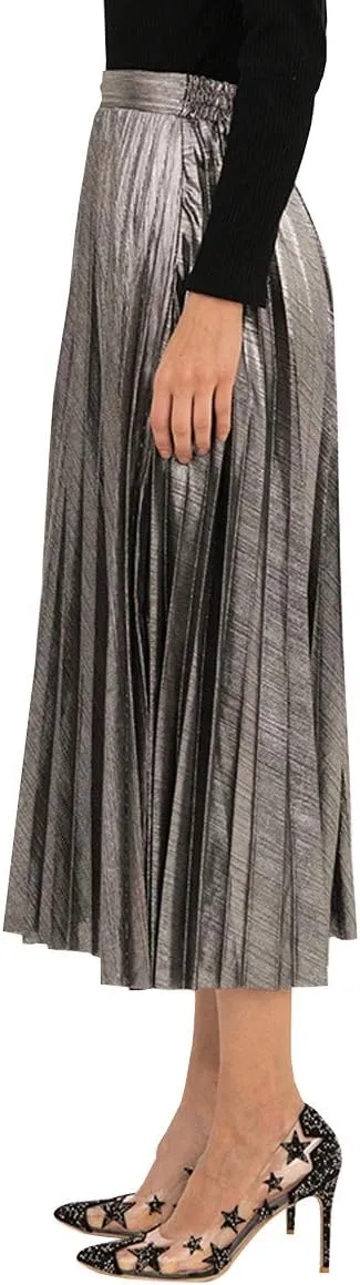 Only Faith Womens Elastic Metal Color High Waist Swing Skirt Fashion Midi Skirt