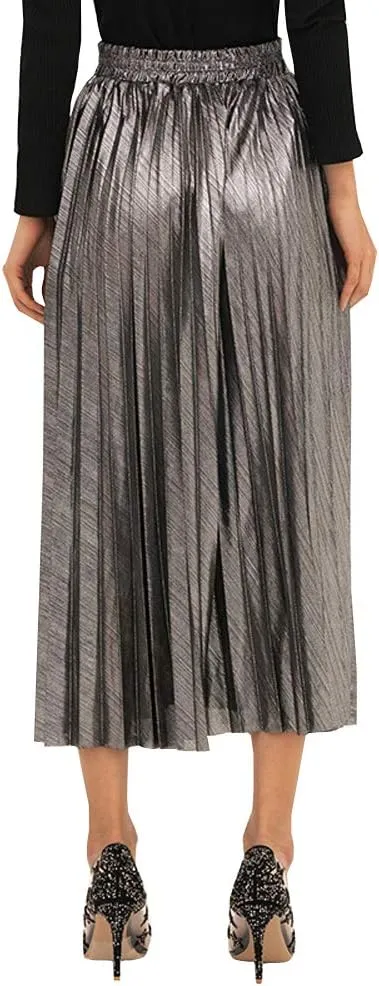Only Faith Womens Elastic Metal Color High Waist Swing Skirt Fashion Midi Skirt