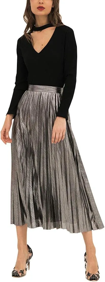 Only Faith Womens Elastic Metal Color High Waist Swing Skirt Fashion Midi Skirt