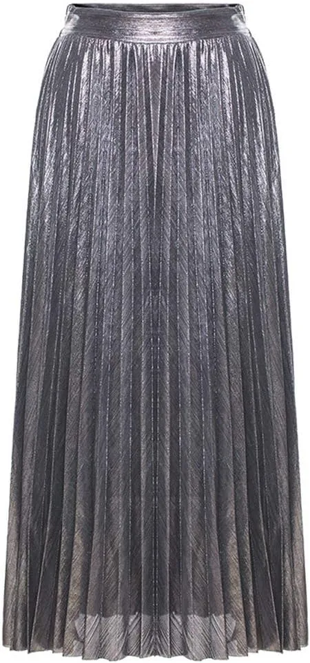Only Faith Womens Elastic Metal Color High Waist Swing Skirt Fashion Midi Skirt