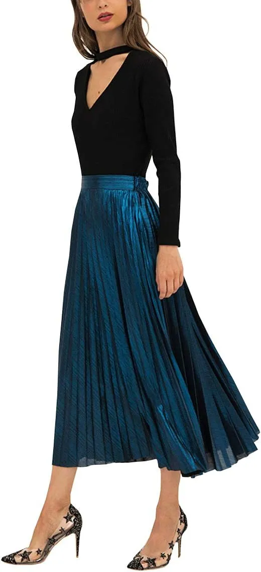 Only Faith Womens Elastic Metal Color High Waist Swing Skirt Fashion Midi Skirt