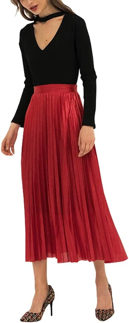 Only Faith Womens Elastic Metal Color High Waist Swing Skirt Fashion Midi Skirt