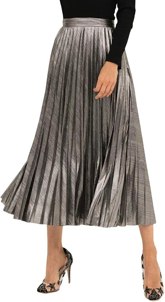 Only Faith Womens Elastic Metal Color High Waist Swing Skirt Fashion Midi Skirt