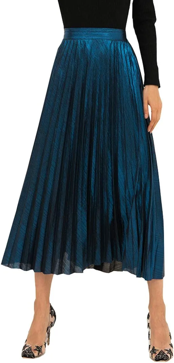 Only Faith Womens Elastic Metal Color High Waist Swing Skirt Fashion Midi Skirt