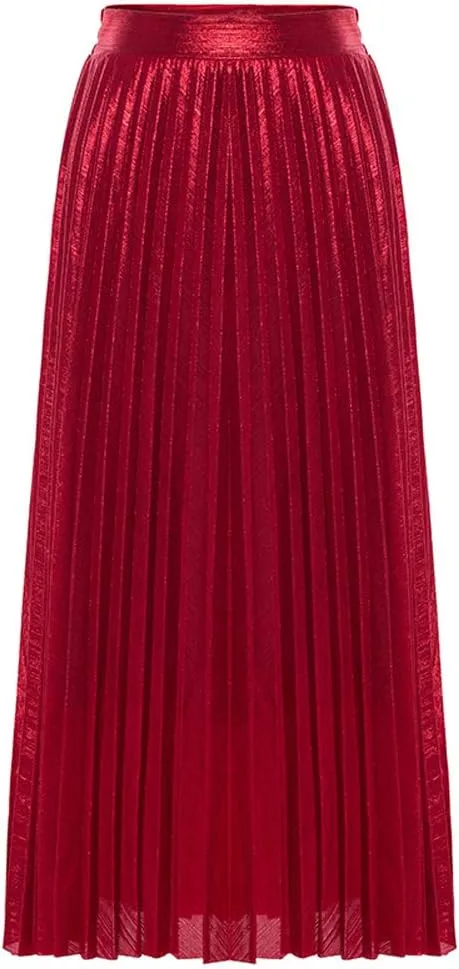 Only Faith Womens Elastic Metal Color High Waist Swing Skirt Fashion Midi Skirt