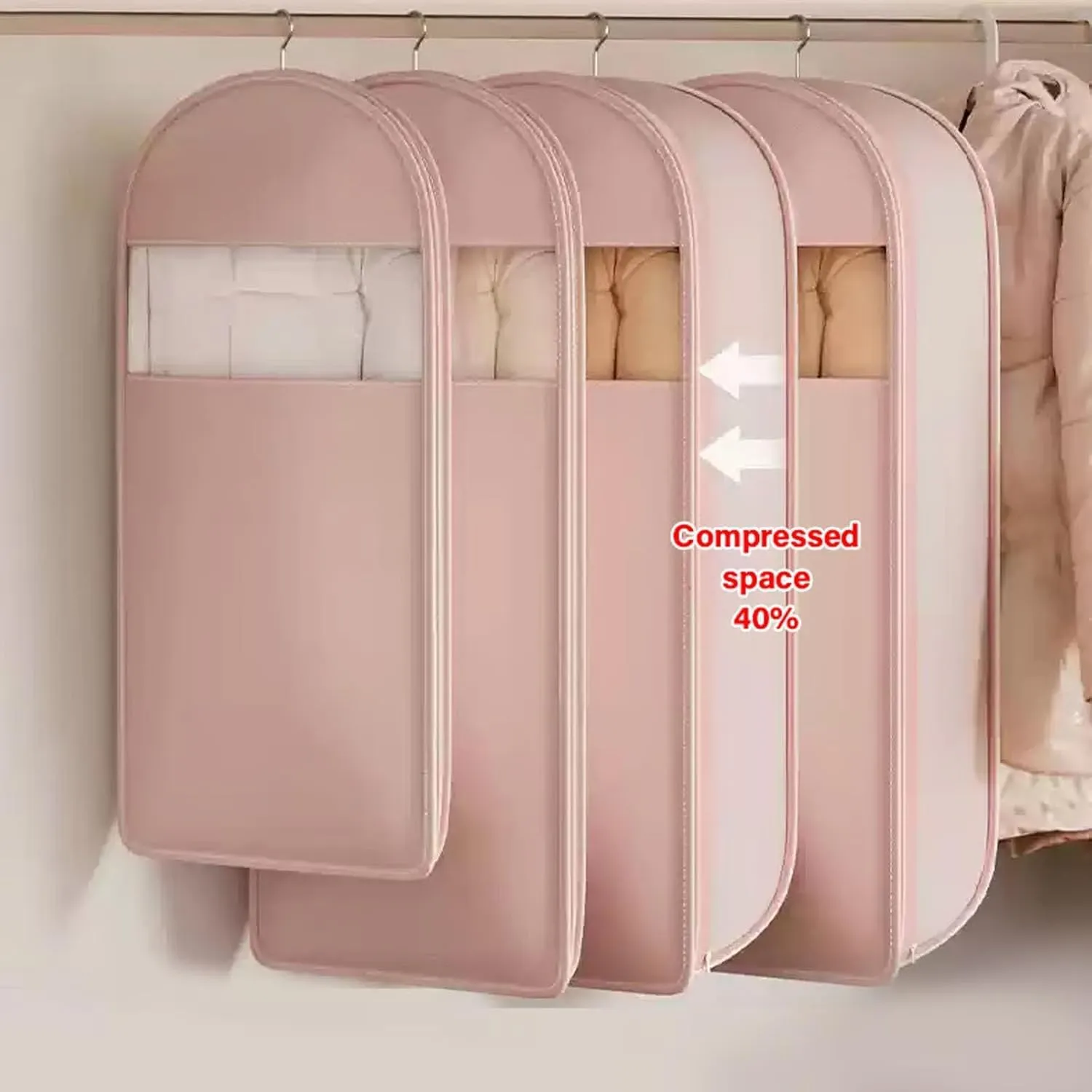 Otherwisie Space Saving Hanging Garment Bag With Self Compression Zipper, Hanger Organizer Space Saver Storage Bags For Coats, 2025 New Space Saving Hanging Protector (Pink, X-Large)