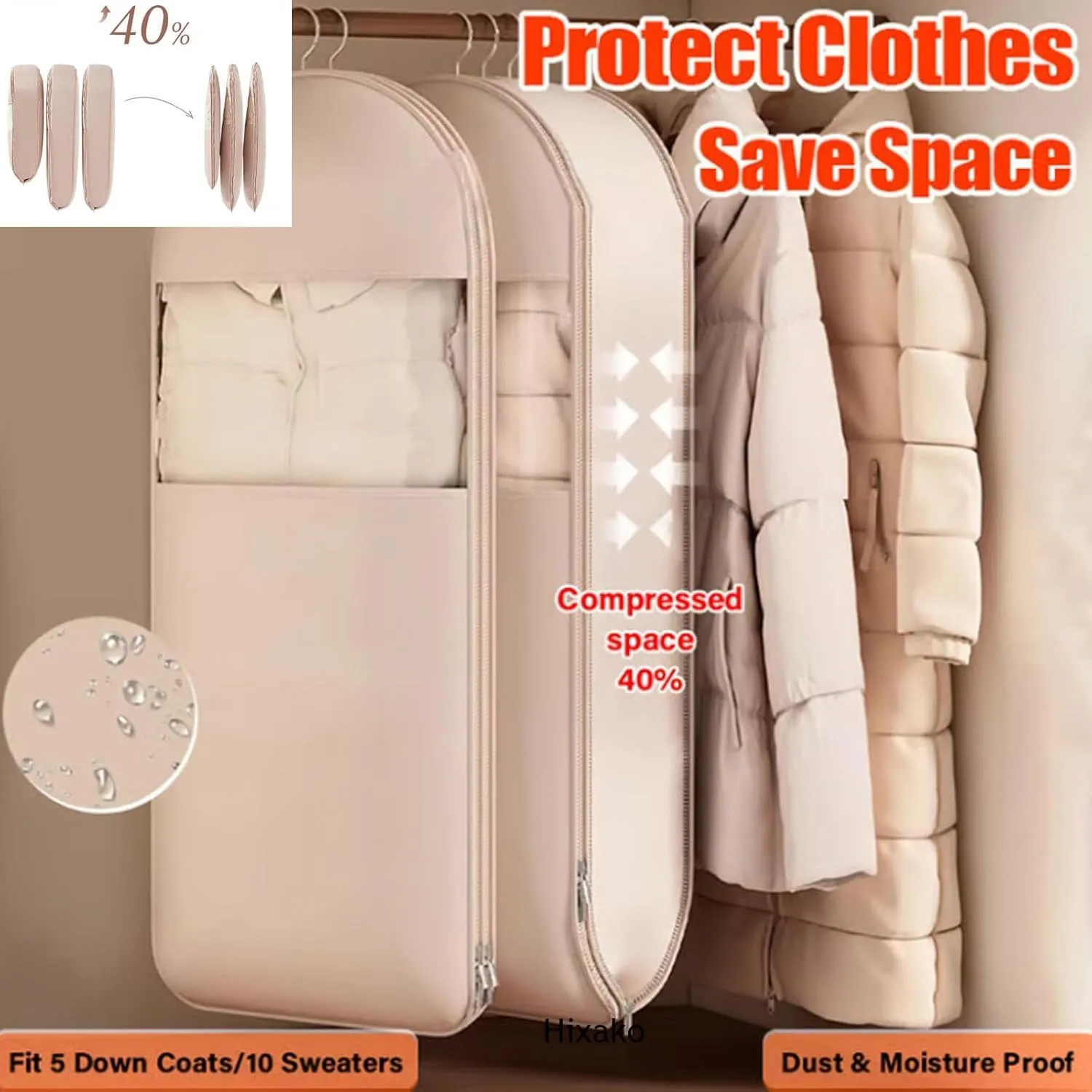 Otherwisie Space Saving Hanging Garment Bag With Self Compression Zipper, Hanger Organizer Space Saver Storage Bags For Coats, 2025 New Space Saving Hanging Protector (Pink, X-Large)