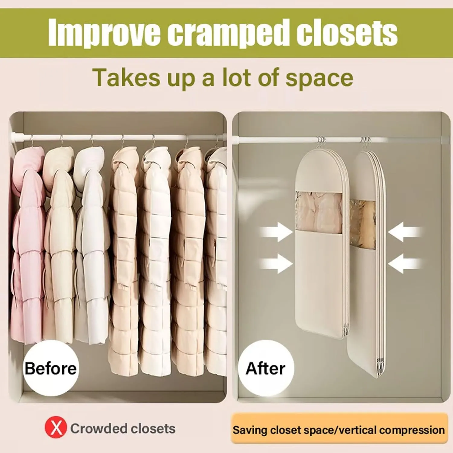 Otherwisie Space Saving Hanging Garment Bag With Self Compression Zipper, Hanger Organizer Space Saver Storage Bags For Coats, 2025 New Space Saving Hanging Protector (Pink, X-Large)