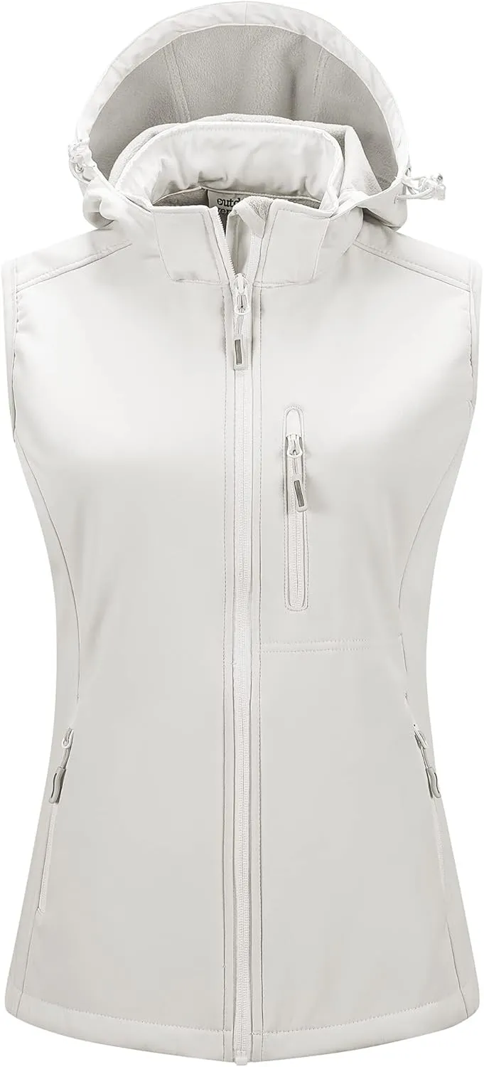 Outdoor Ventures Women's Hooded Lightweight Softshell Vest, Windproof Fleece Lined Sleeveless Jacket for Golf Running Travel
