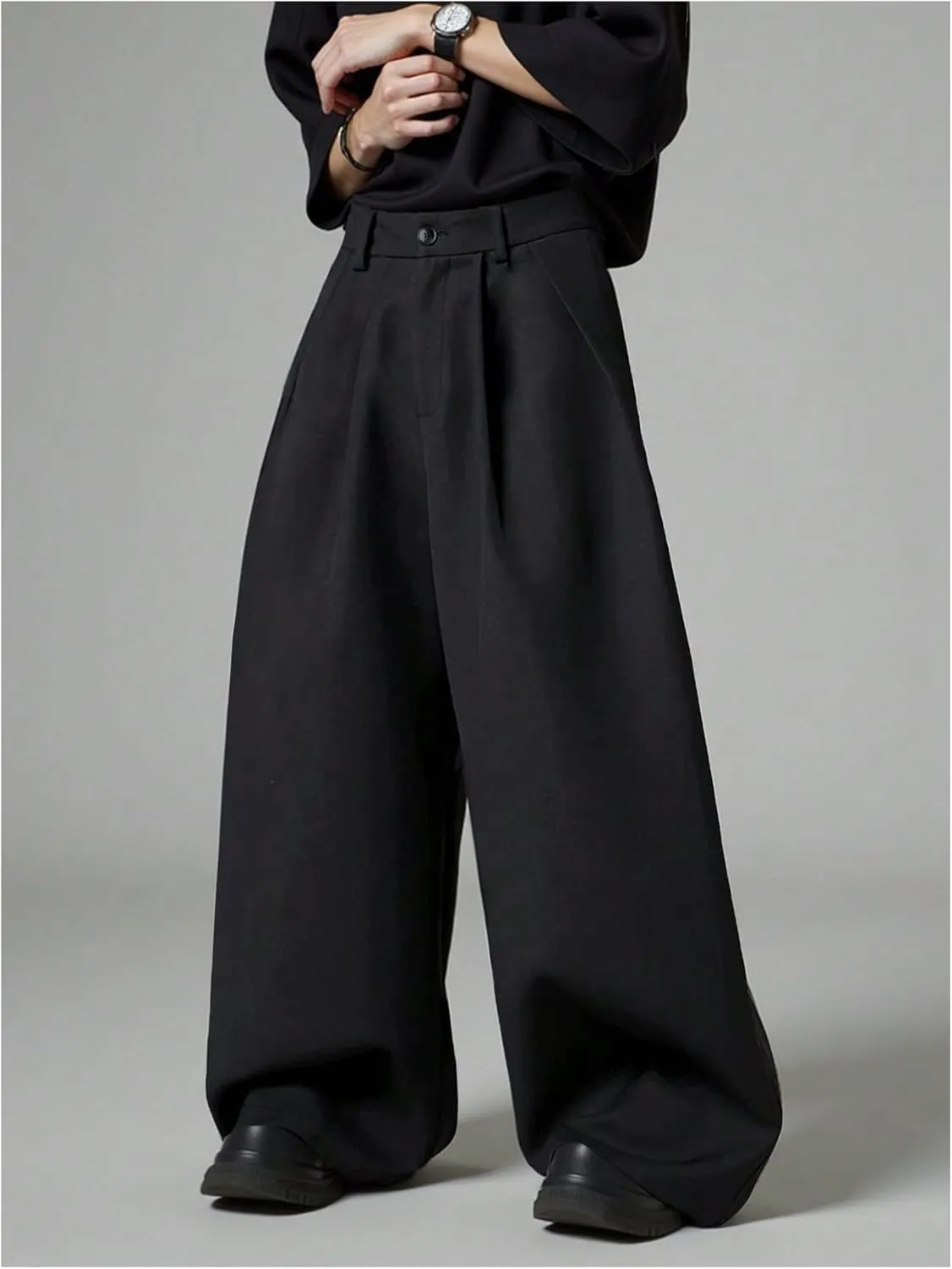 OYOANGLE Men's Baggy Wide Leg Pants Zipper Fly Pleated Work Casual Long Trousers with Pocket