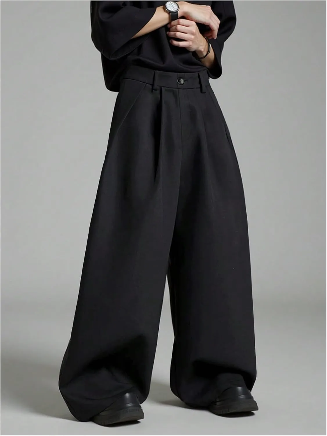 OYOANGLE Men's Baggy Wide Leg Pants Zipper Fly Pleated Work Casual Long Trousers with Pocket