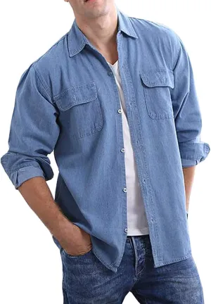 PAODIKUAI Men's Regular fit Long Sleeve Denim Shirt Comfort Work Shirt with Pocket