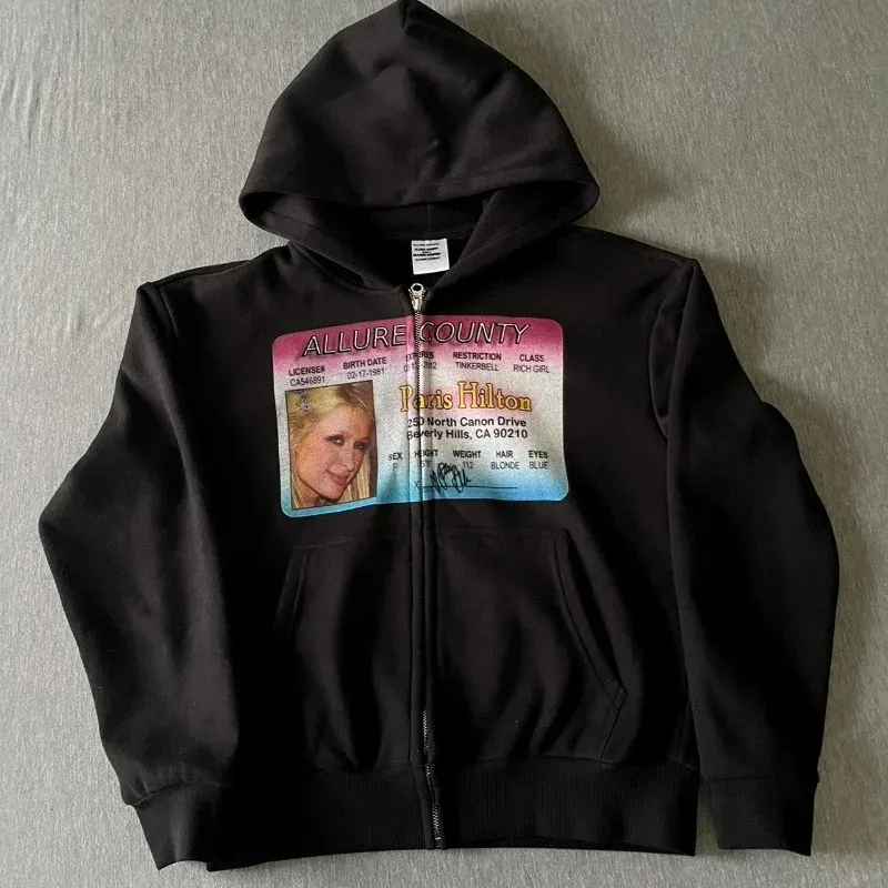 Paris Hilton Graphic Loose Velvet Pocket Zip Hoodie