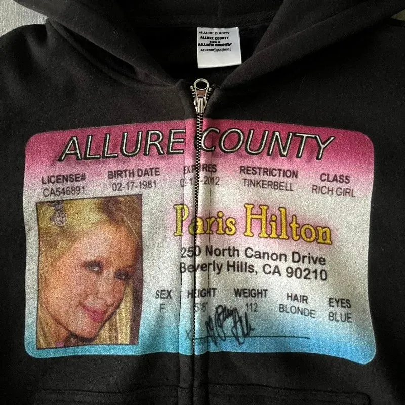 Paris Hilton Graphic Loose Velvet Pocket Zip Hoodie