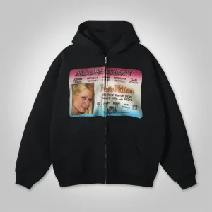 Paris Hilton Graphic Loose Velvet Pocket Zip Hoodie