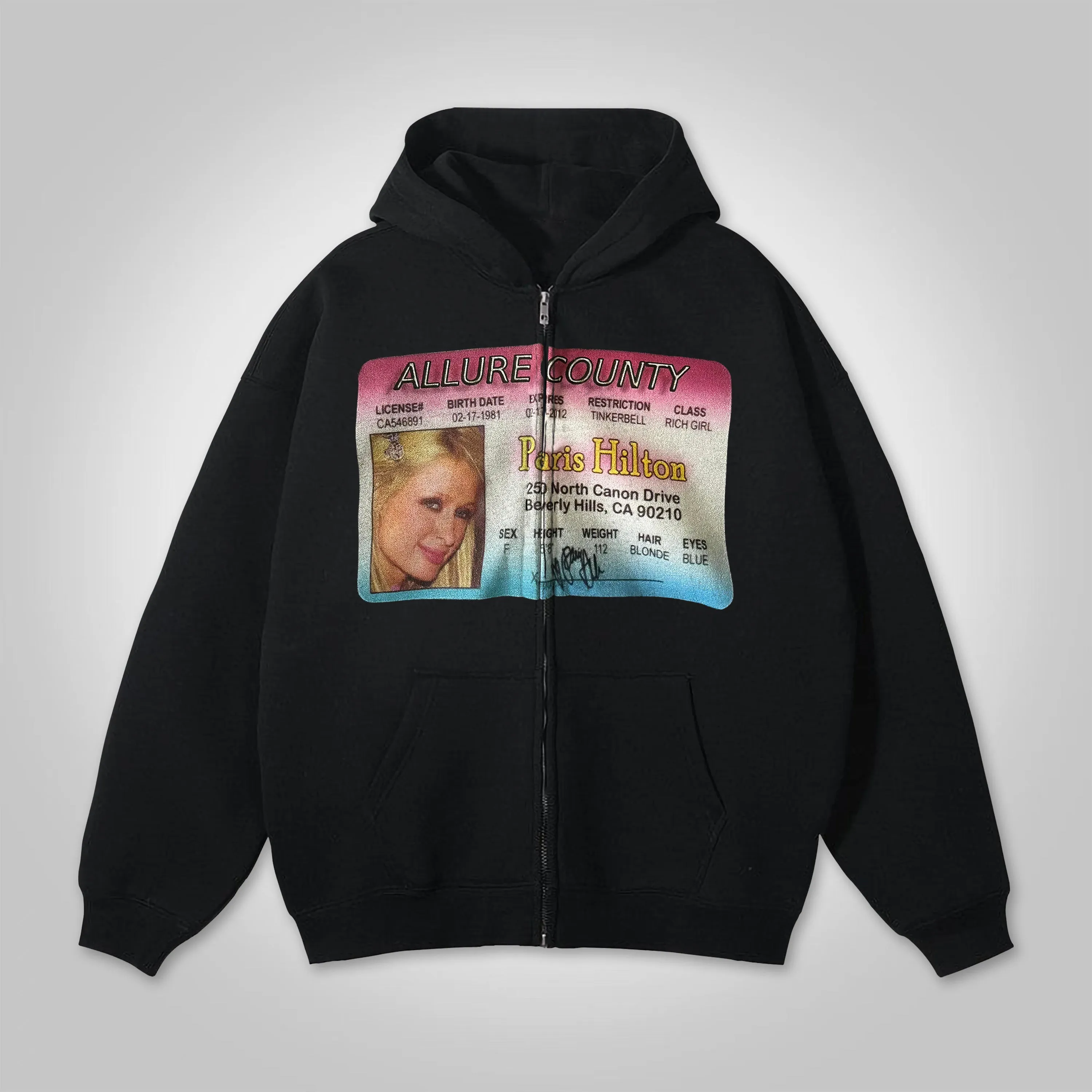 Paris Hilton Graphic Loose Velvet Pocket Zip Hoodie