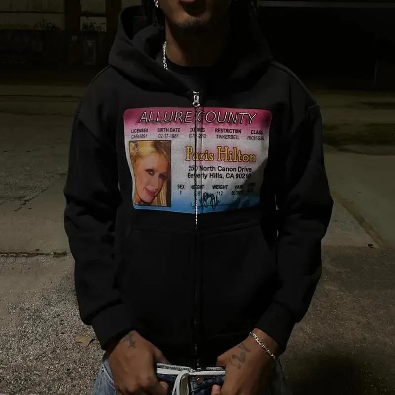 Paris Hilton Graphic Loose Velvet Pocket Zip Hoodie