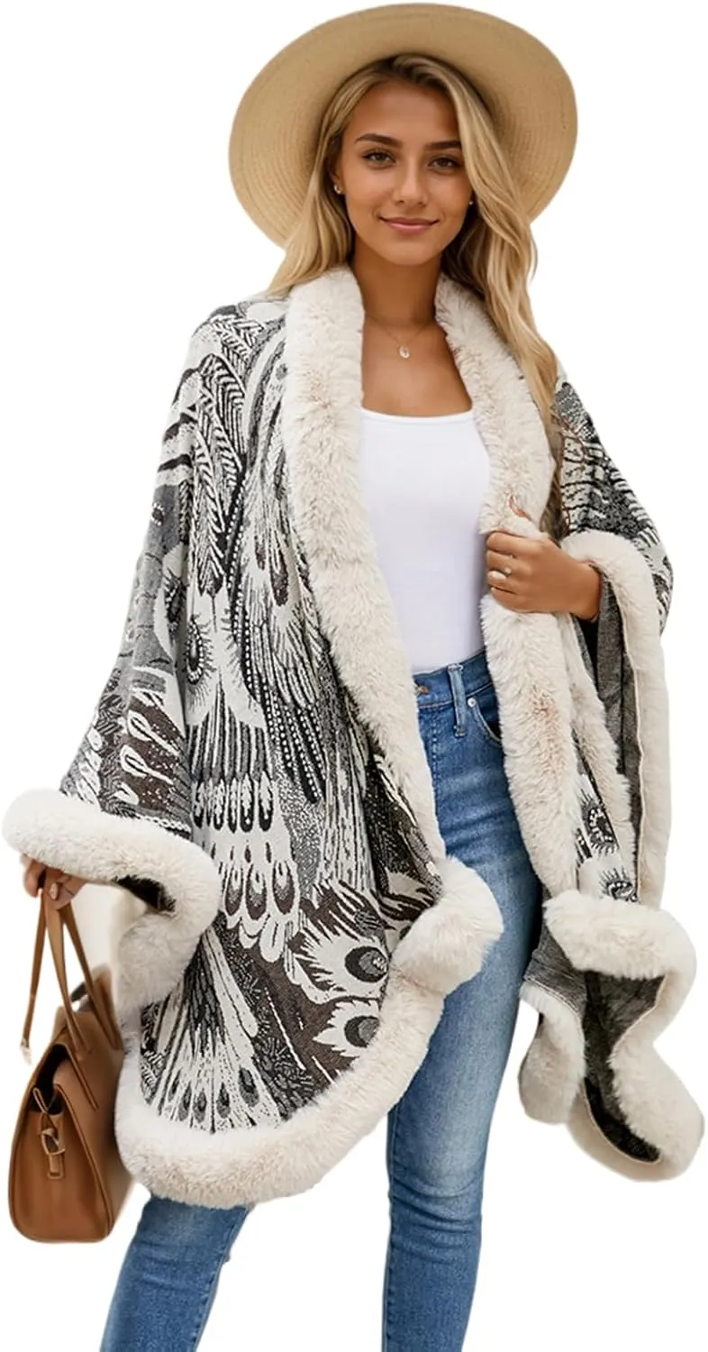 Peacock Pattern Faux Fur Shawl for Women Fur Trim Cardigan Cloak Coat Fur Collar Poncho Cape Wraps for Evening Dresses